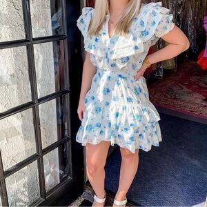 Fanco Women’s Small Blue Floral Tiered Ruffle Mini Dress